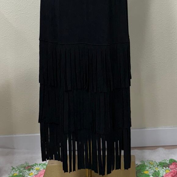 Vintage 90s Slinky Stretch Fringe Maxi Skirt Western Boho Cowgirl Goth XS S - Picture 2 of 5
